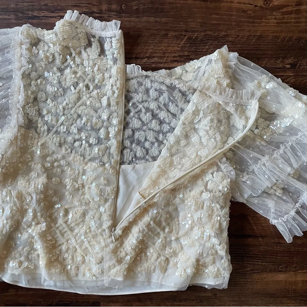 NEEDLE & THREAD Aurelia Sequin Embellished Top Natural Cream Ruffle Sheer Blouse - Picture 13 of 15